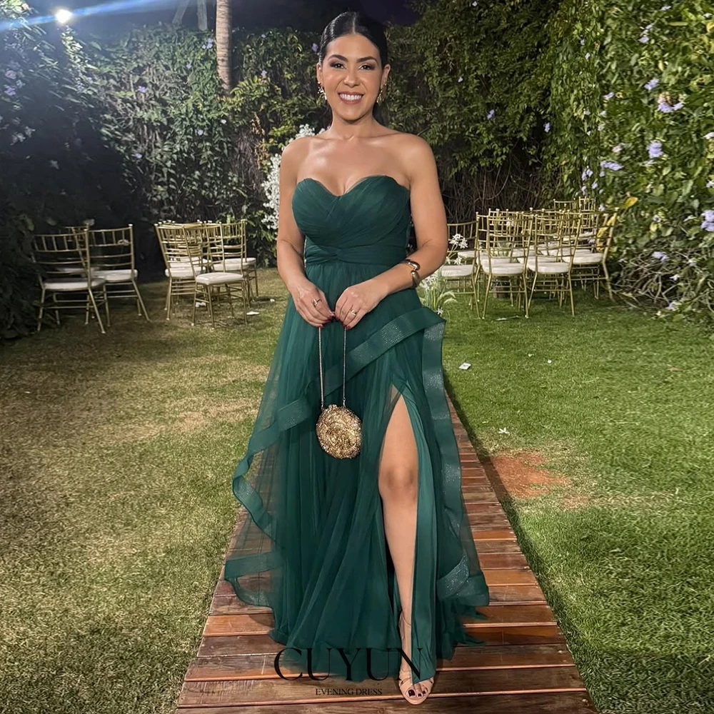 

CUYUN Women Evening Dresses for Formal Occasion Strapless Side Slit Prom Dresses Customized Soft Tulle Elegant Party Gown
