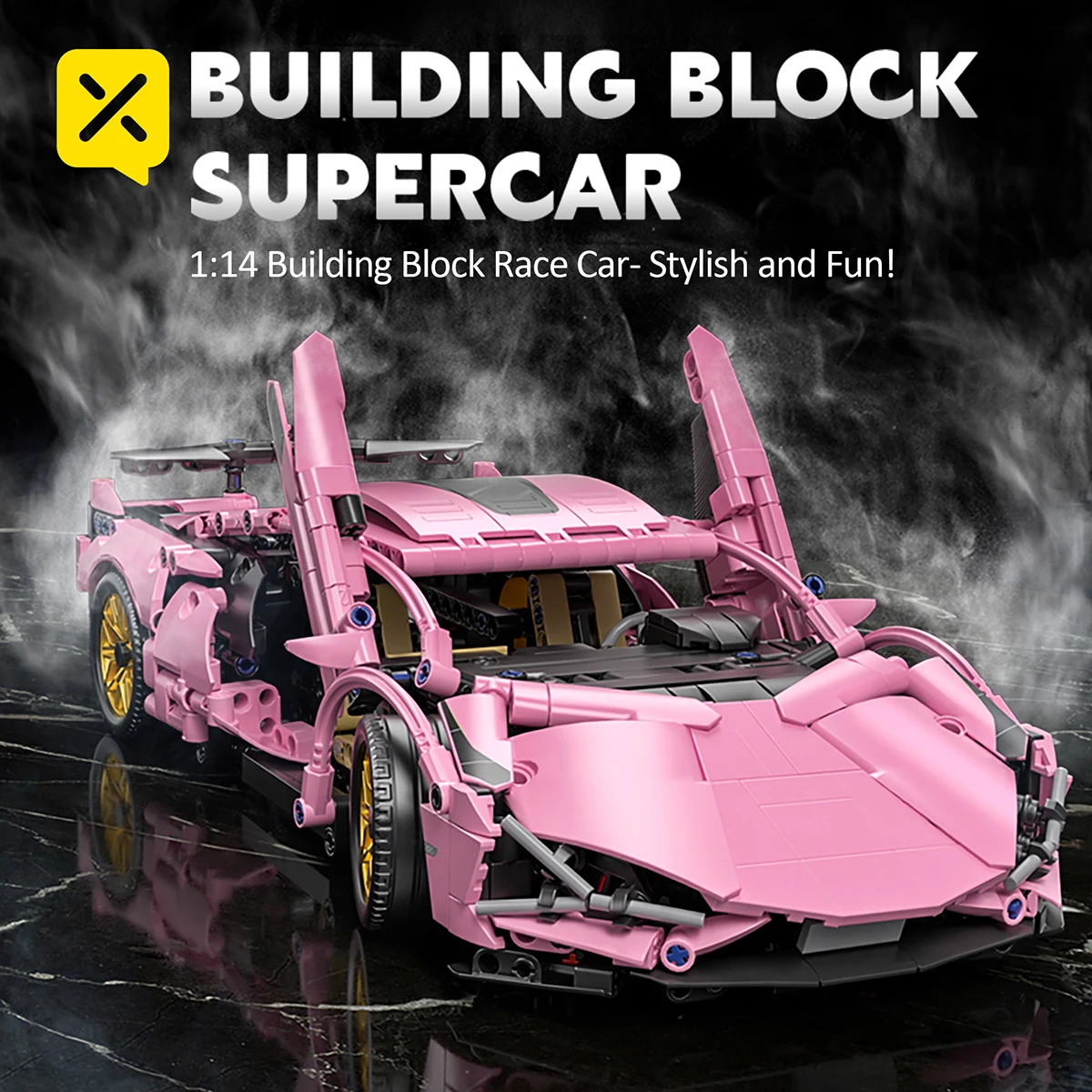 1314PCS Building Block Supercar Rosa Modello di auto sportiva Porte a forbice Ruota di metallo Giocattolo fai da te Kit di montaggio divertente per il regalo di auto da corsa per bambini