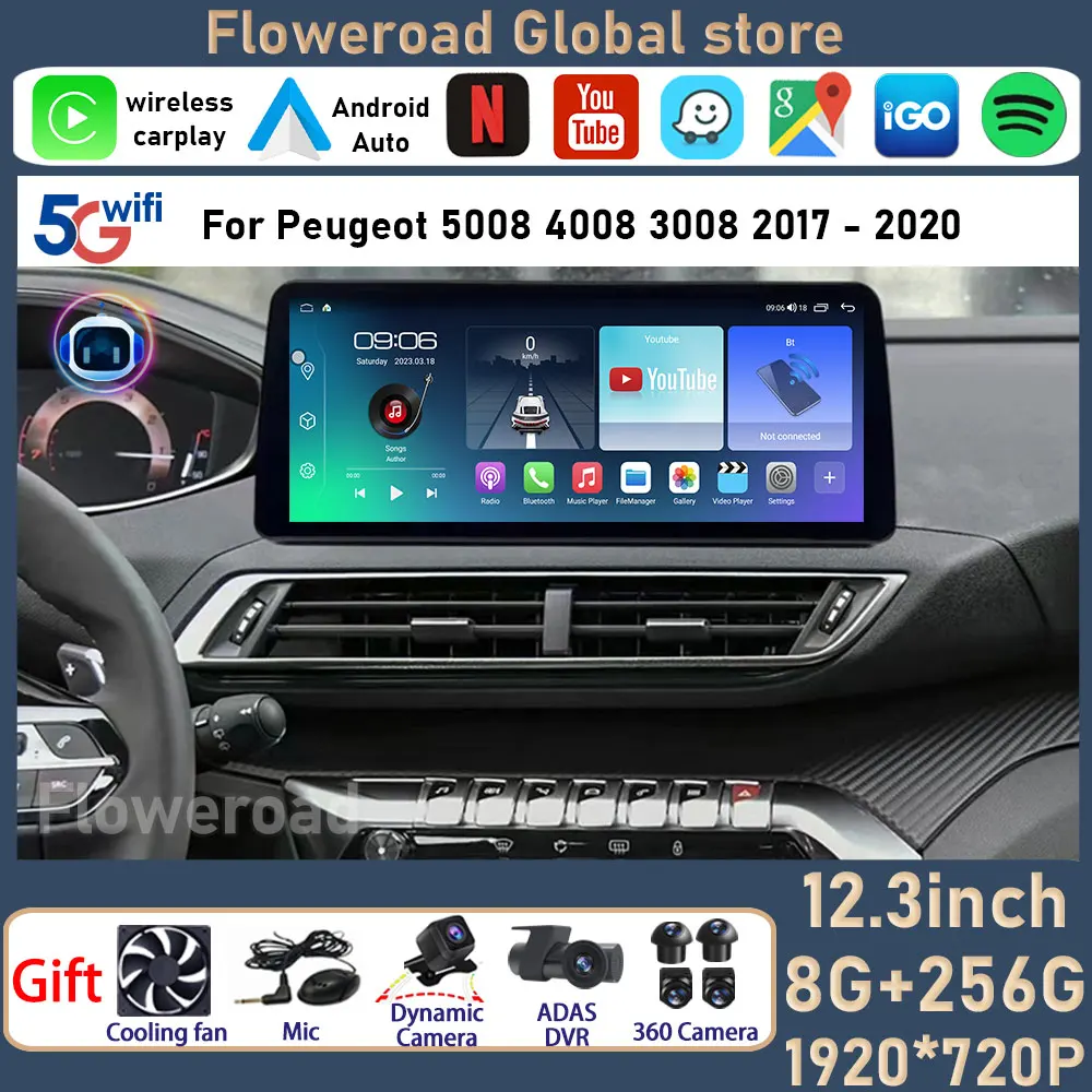 

12.3INCH For Peugeot 5008 4008 3008 2017 2018 2019 2020 Car Multimedia Player WIFI FM GPS Head Unit With Frame Auto Stereo 2 Din