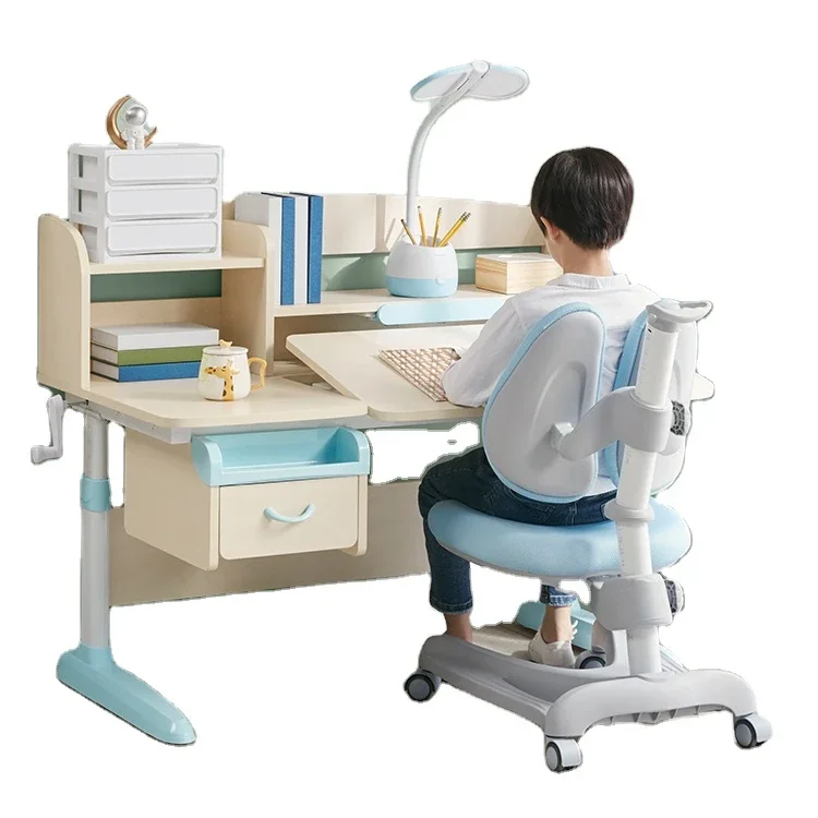 Adjustable Height furniture set Children  for study wooden kids   with bookshelf