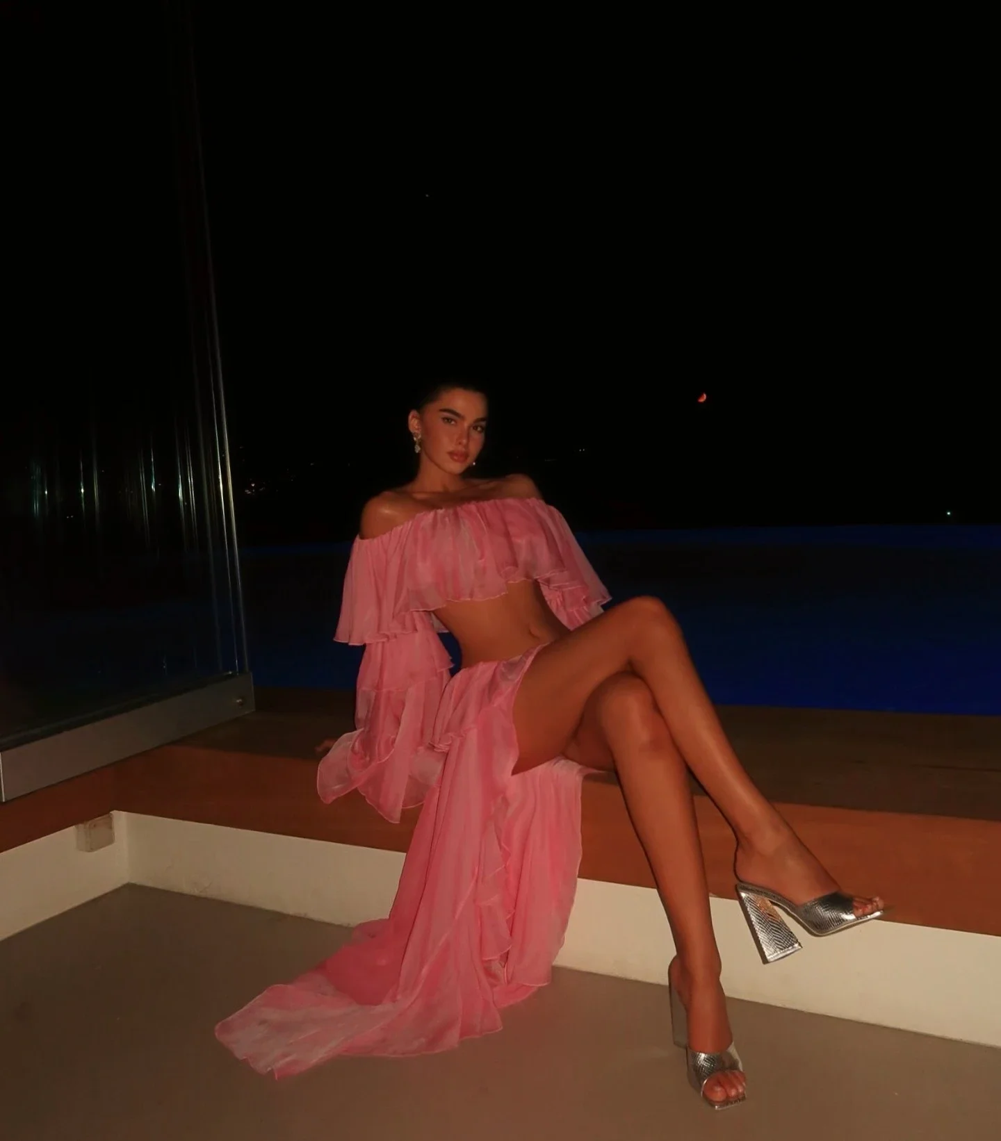 Roze Off-shoulder Vlinder Mouw Vintage Effen Zomerjurk Dames Top en Rokken Strandvakantie Dames Sets Hi-Low Ruche Tule