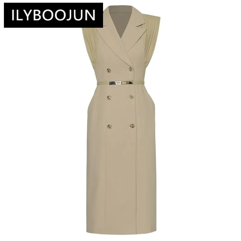 

ILYBOOJUN Fashion Designer Summer Women's Dress Turn-down Collar Sleeveless Double Breasted Stripe Office Elegant Midi Dress