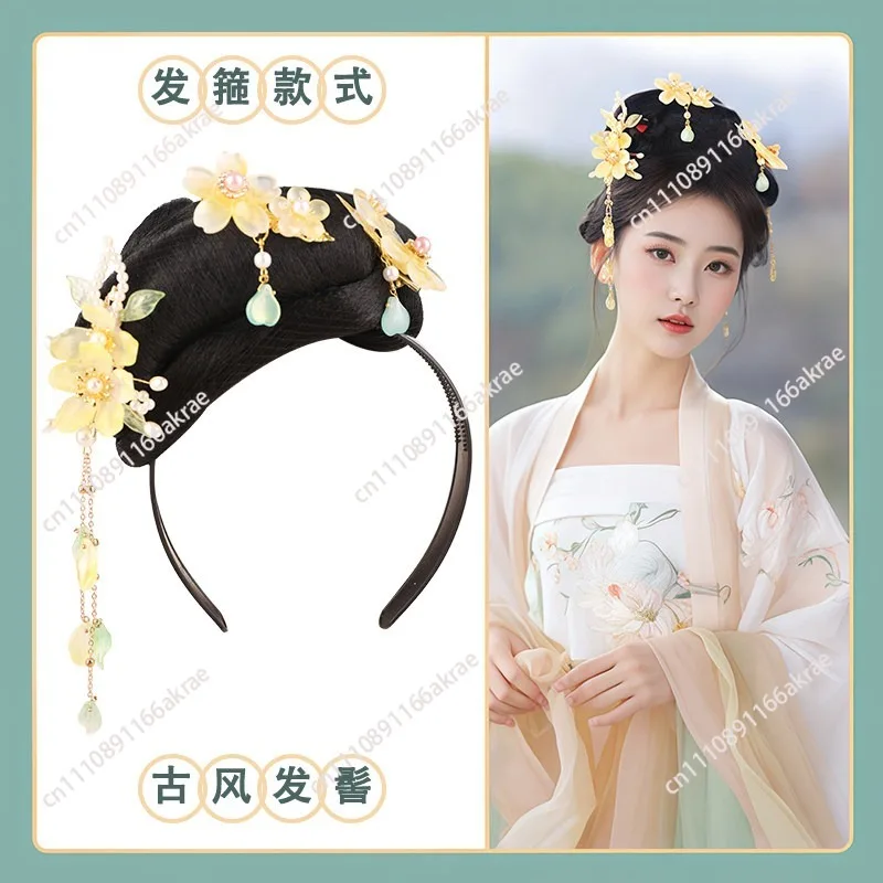 Antique bun jewelry Ming style Hanfu headgear women's ancient clothing integrated lazy headband fake hair bag performance