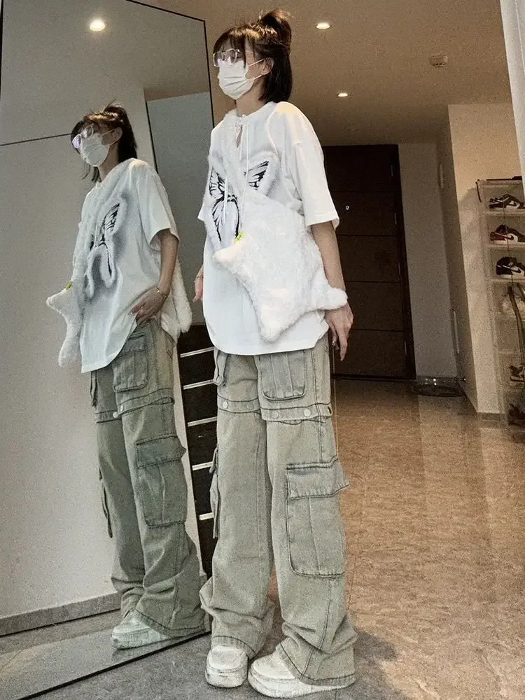 النمط الأمريكي الجديد انفصال تصميم تحسس الأدوات الجينز الإناث Y2K القوطية الرجعية شارع العليا مستقيم صغير فيبي الخصر السراويل