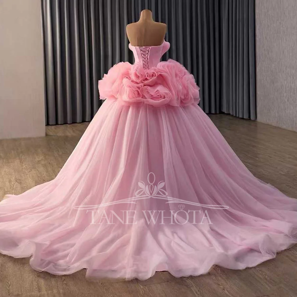 فستان حفلة موسيقية وردي على شكل قلب بدون أكمام مع رباط من الخلف وكشكشة فستان سهرة فاخر قابل للتخصيص للنساء