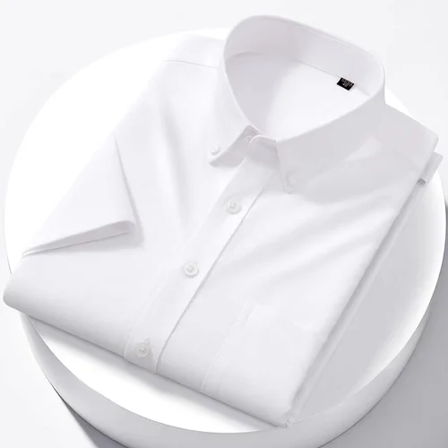 Imagen 2 del producto Camisa Oxford de lujo para hombre, 100% algodón, manga corta, informal, a rayas, liso, básico, de negocios, Formal, Social, blanco, blusa ajustada