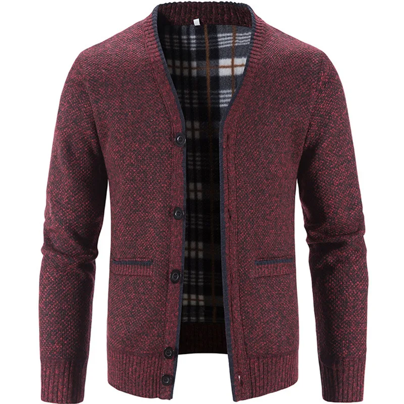 Inverno grosso quente cardigan masculino outono lã sweatercoat listrado com decote em v camisola outwear casaco de malha roupas de moda masculina