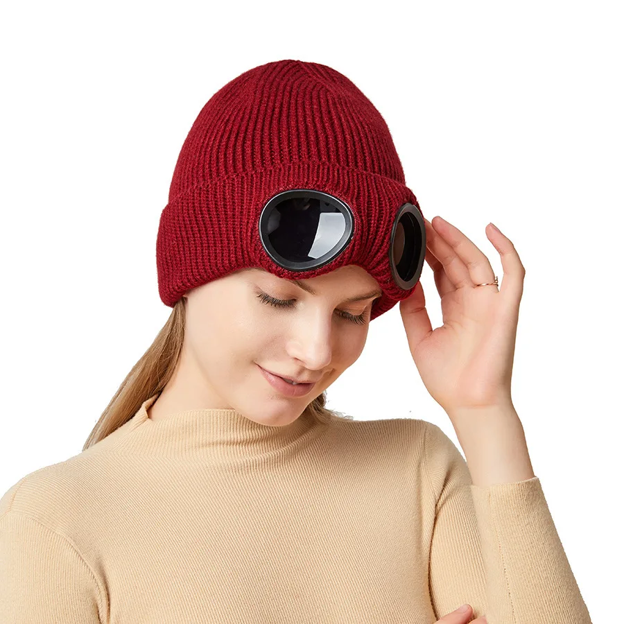 Óculos à prova de vento de outono e inverno para homens e mulheres, chapéu de esqui forrado de lã, gorro de malha quente, chapéu de casal