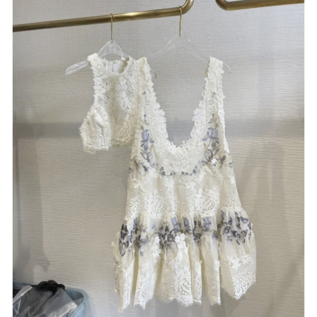 

White Sleeveless Lace Patchwork Raised Floral Print Vest Mini and Dress Set 2025 New Design