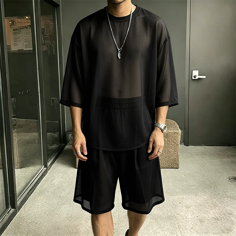 

INCERUN Men's Sets Solid Color Loose O-neck 3/4 Sleeve T Shirt Shorts Two Piece Sets Streetwear 2026 Fashion Men Matching Sets