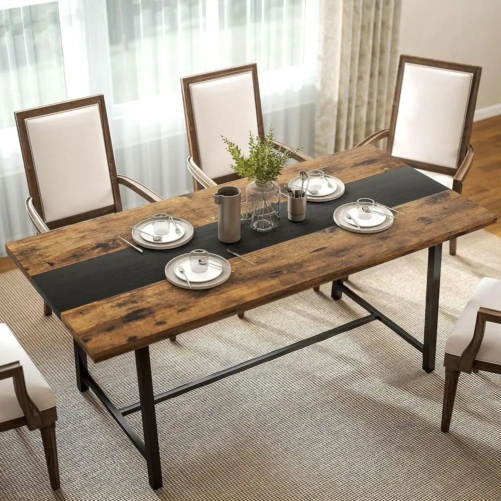 Mesa de jantar rústica marrom de 8 lugares, design retangular 70,9 com pernas de aço