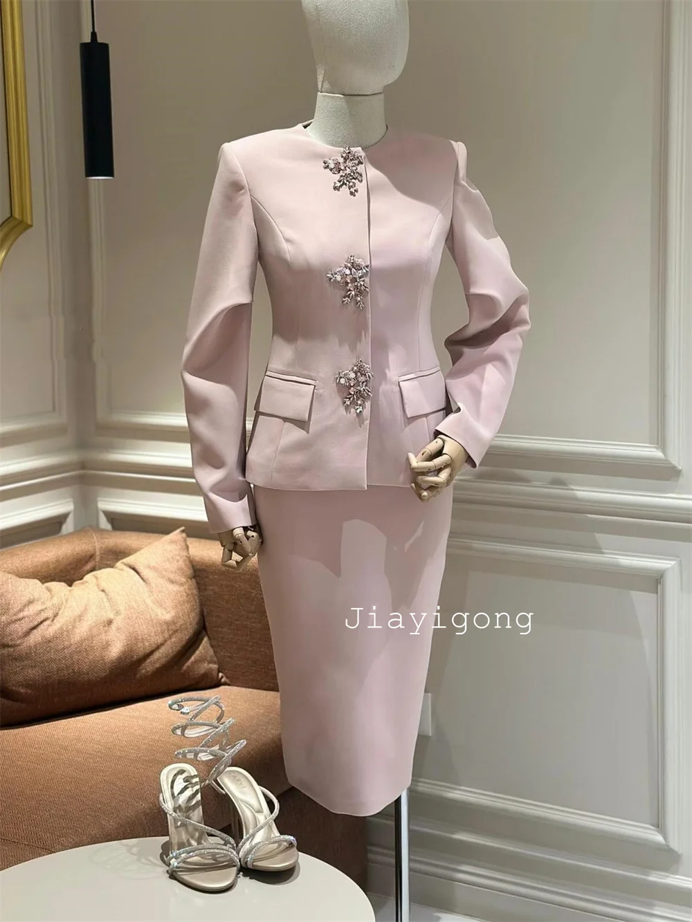 Customized Matching Jersey Pleat Pattern Column O-Neck Midi Evening Dresses Luxury 2025 Modern Style Classic