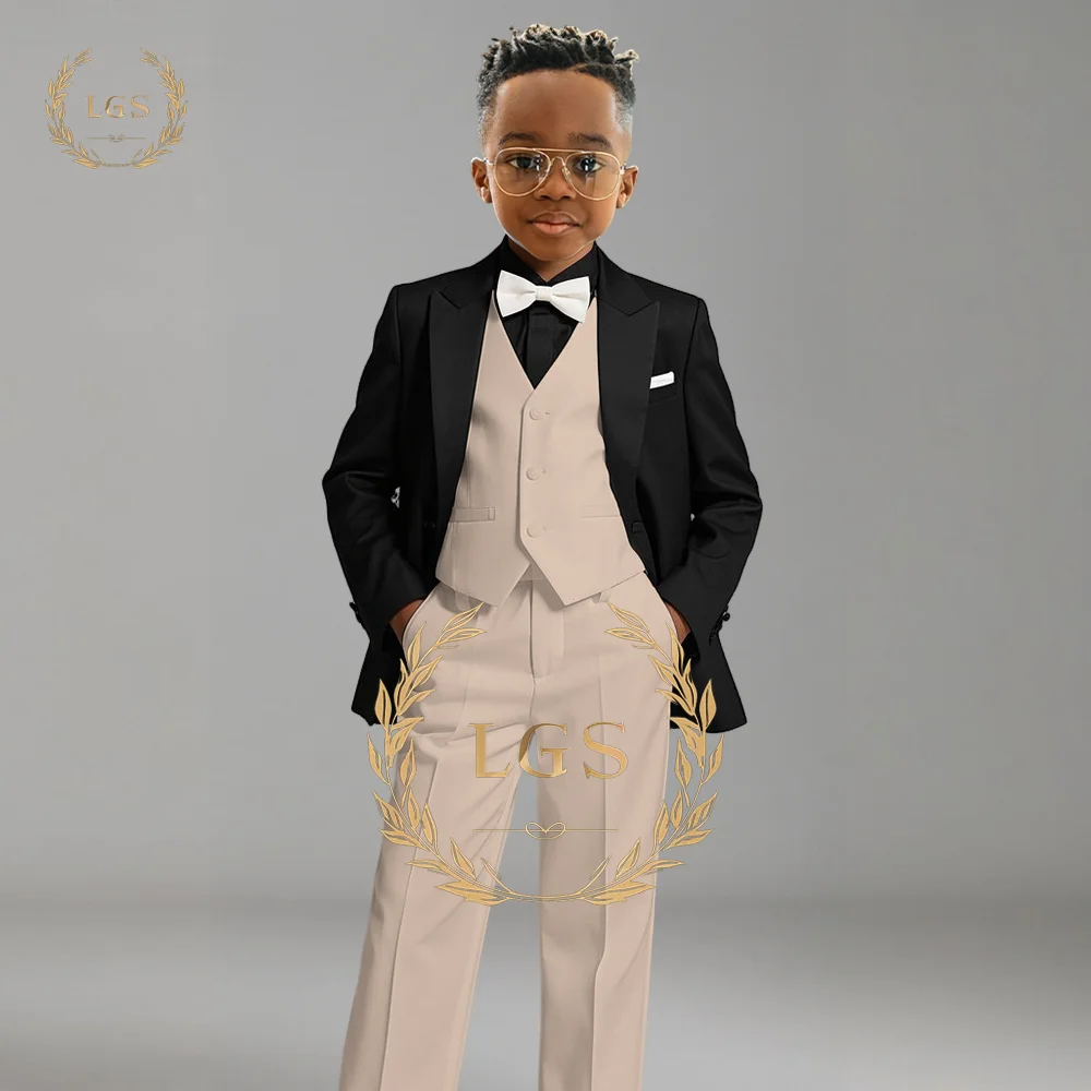 Meninos elegantes terno preto jaqueta colete calças conjunto de 3 peças, personalizado 2 a 16 anos de idade festa infantil banquete de casamento smoking terno
