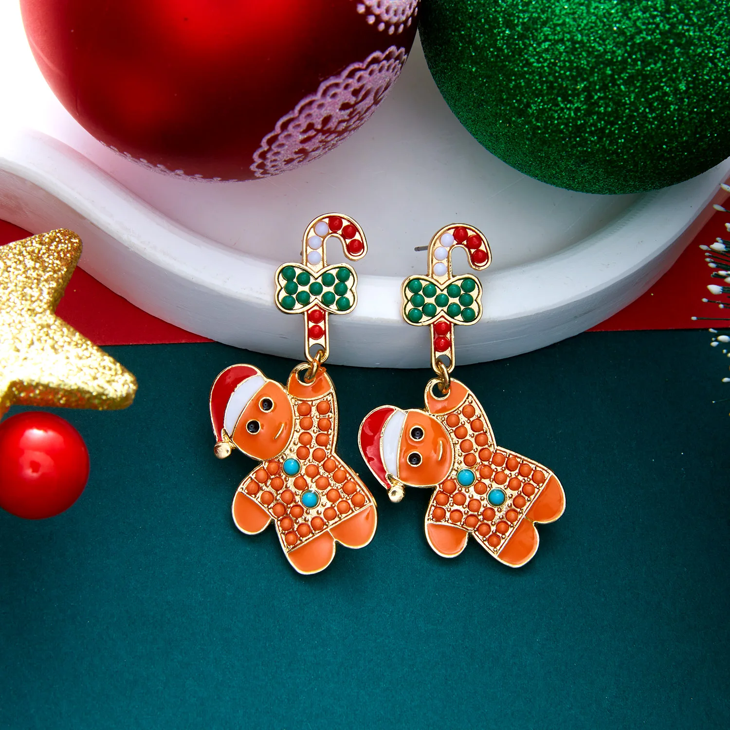Christmas Rhinestone Gingerbread Man Drop Earrings For Women Candy Cane Bow Snowman Santa Claus Dangle Earring Party Jewelry