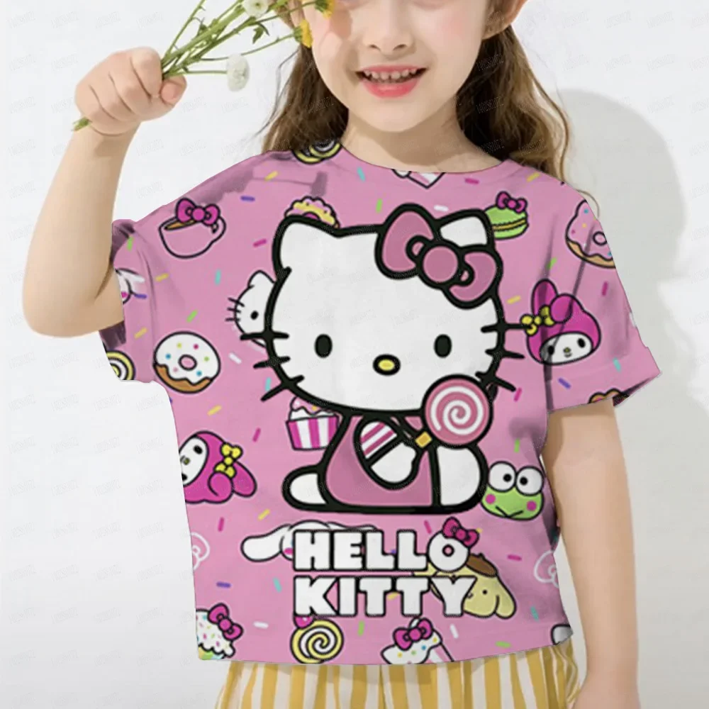 New Summer Girls T-shirt Fashion Cartoon Cute Cinnamon Cat and Hello Kitty 3D Printed T-shirt Children's Short Sleeve Kuromi T-s