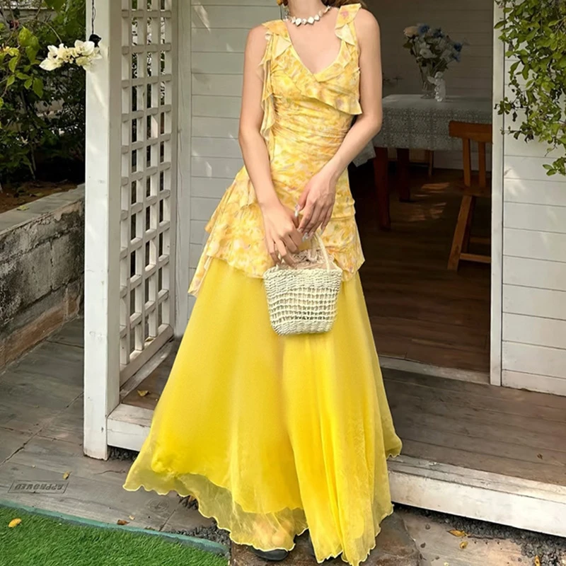 Vestido maxi com estampa floral amarela, decote em v, cintura alta, bainha em camadas, design em camadas para praia, férias, festa, noite, vestidos casuais femininos
