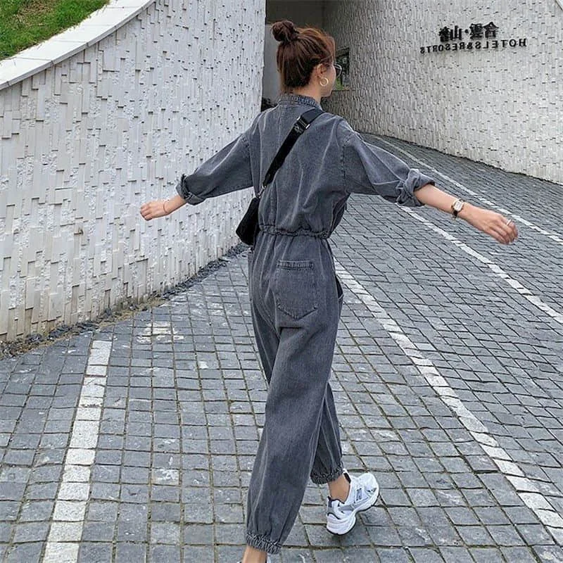 Denim Jumpsuits for Women Long Sleeved Korean Style Harajuku Overalls One Piece Outfit Women Rompers Casual Vintage Playsuits