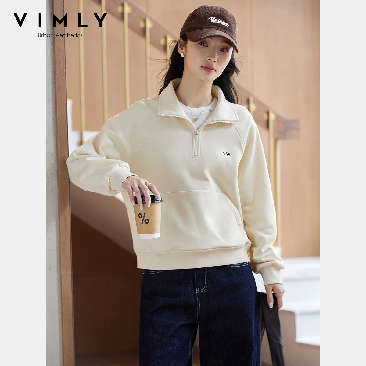 

VIMLY Woman Sweatshirts Apricot Letter Embroider Polo Neck Long Sleeve Tops Autumn 2025 Knitted Casual Sweatshirts Female A2175
