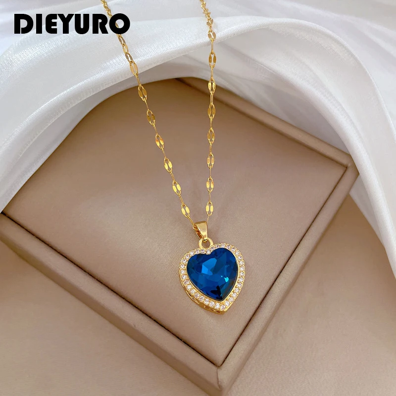 DIEYURO 316L serce ze stali nierdzewnej duża niebieska cyrkonia naszyjnik dla kobiet dziewczyna moda łańcuszek do obojczyka biżuteria prezent urodzinowy