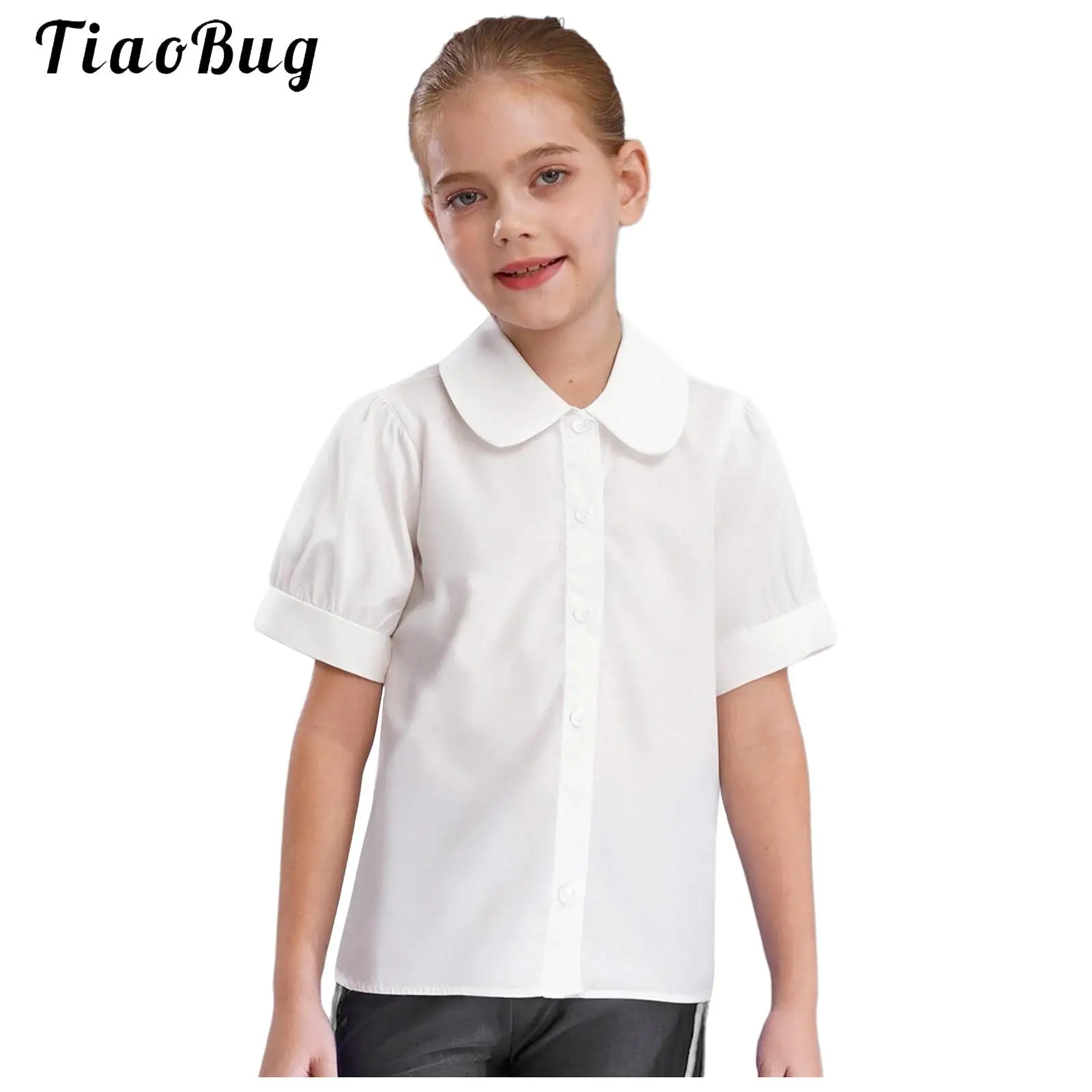 

Kids Girl Button T Shirt Turn-Down Collar White Short Sleeve Lovely Korean Top New Summer Sweet School Girl Clothes Casual Style