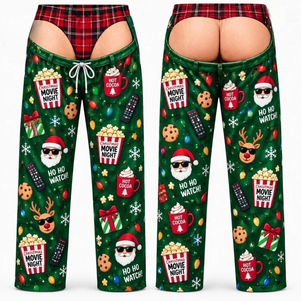 Funny Christmas Movie Night Fake Underwear Pants, Santa Hot Cocoa Xmas PJs, Drop Pants Illusion Holiday Lounge Pants, Gag Gift