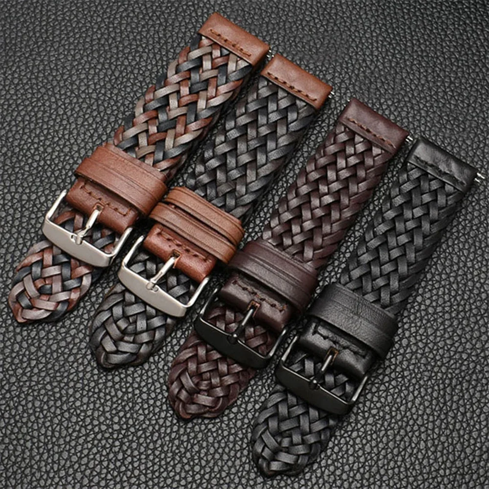 20mm 22mm 24mm Genuine Leather Strap Universal Quick Release Braided Cowhide Watch Band Accessories for Seiko Omega Citizen