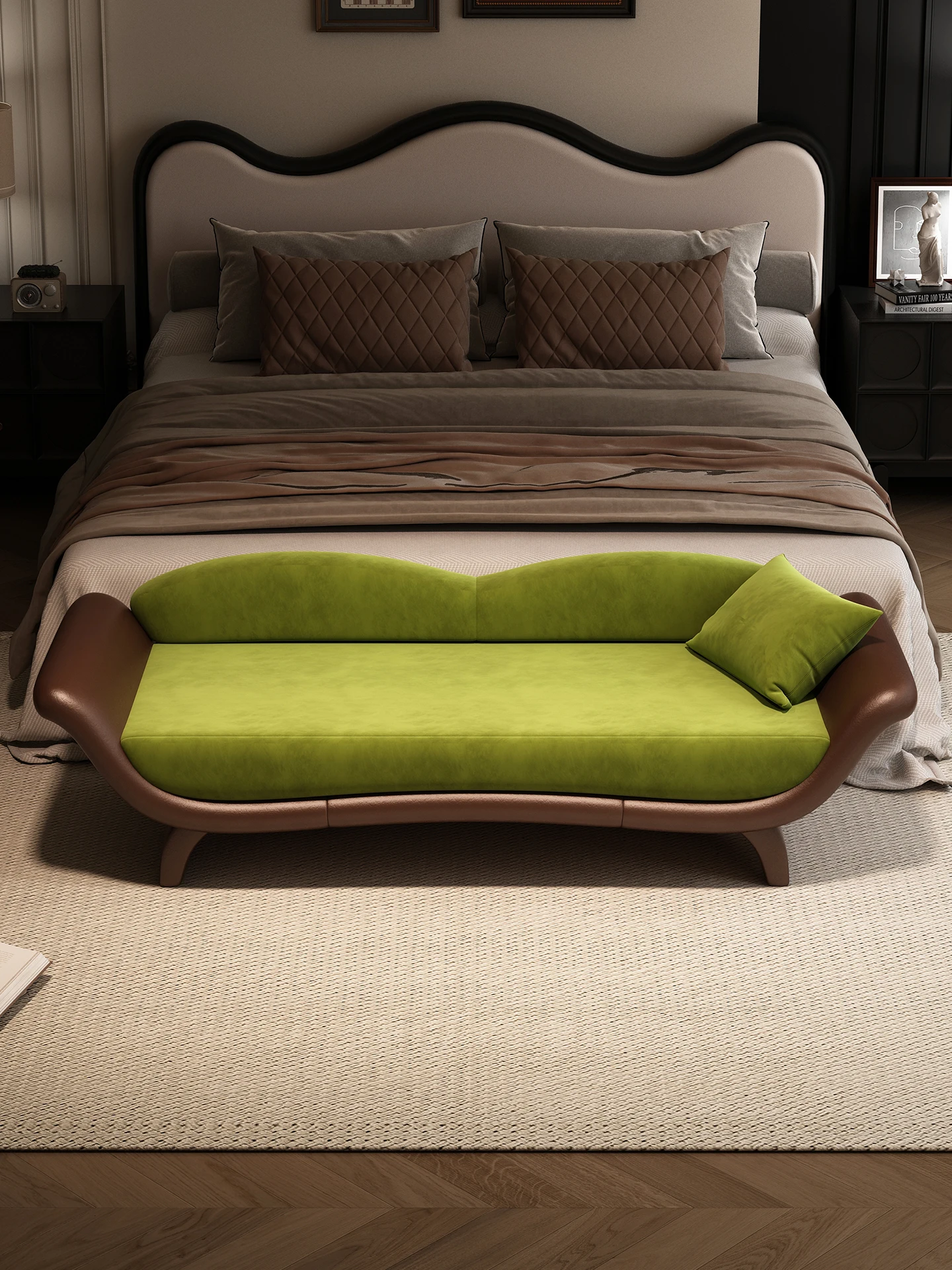 مقعد بجانب السرير قابل للإزالة والغسل من الفلانيل في العصور الوسطى، مقعد بجانب السرير لغرفة النوم، مقعد أريكة أمريكي قديم مع مسند ظهر