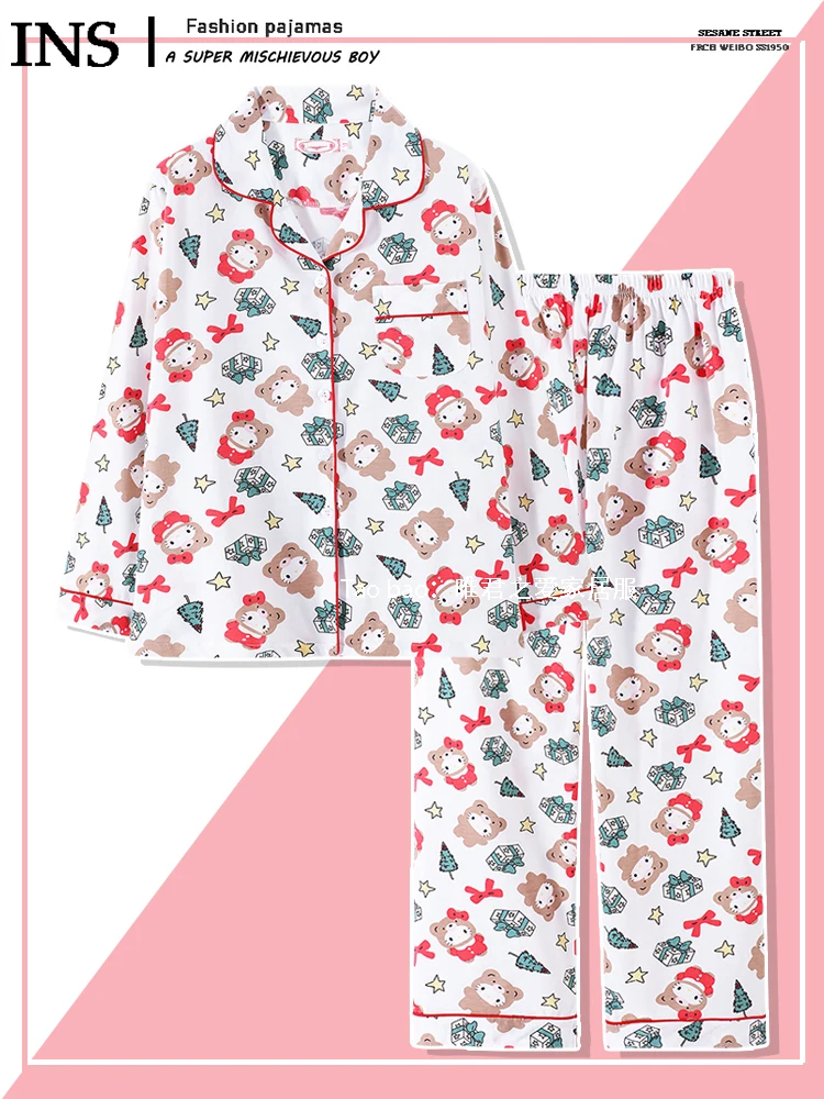 Kawaii Sanrio Hello Kittys Pajama Set Girls Long-sleeved Trousers Pure Cotton Pajamas Cute Christmas Tree Print Home Wear Set