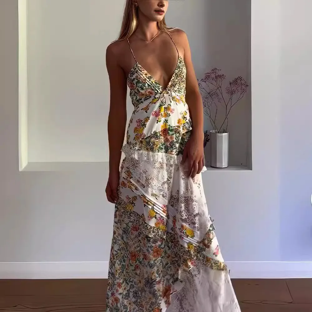 

New Women's Long Hollow Slim V-neck Printed Sexy Backless Suspender Dress Holiday Sleeveless Dress Loose Waist Evening Dress