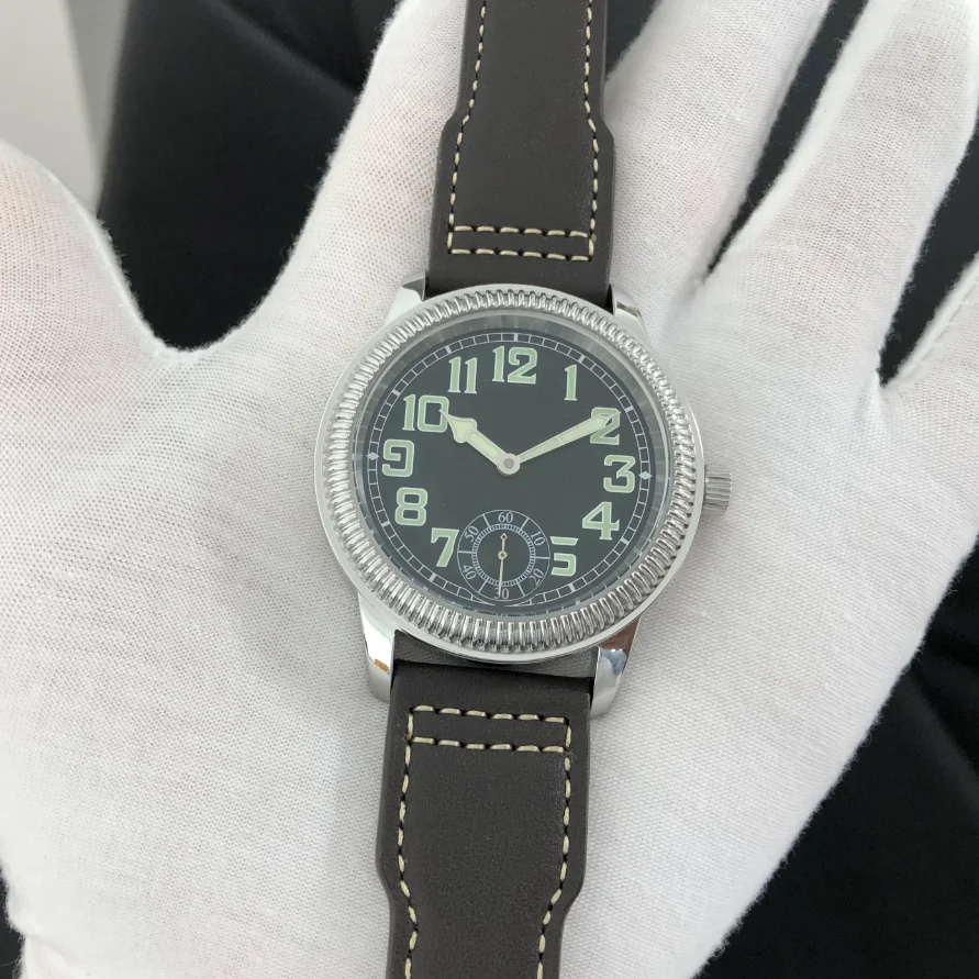 44mm No Logo Black Dial Green Digital Asian 6498 17 Jewels Hand Wind Movement Men's Mechanical Luminous ST3621 Watch GR0822-25