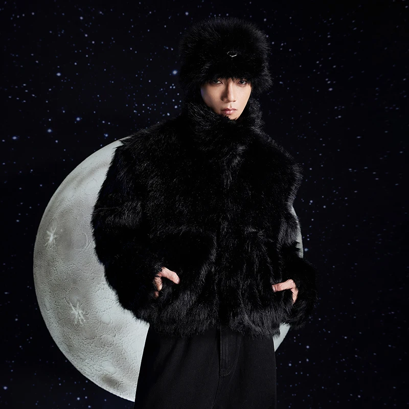 PFNW Autumn Winter Warm Fur Short Jacket With Stand Up Collar High-end Lapel Loose Causal Cardigan Faux Fur Coat For Men 28W5542