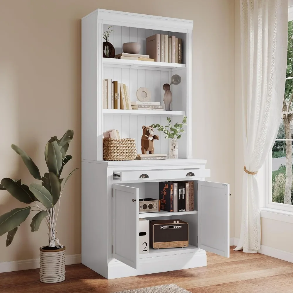 Bibliothèque à usages multiples, étagère haute avec 2 portes, 1MELwith lumières LED, armoire de rangement en bois massif, bibliothèque à ustensiles