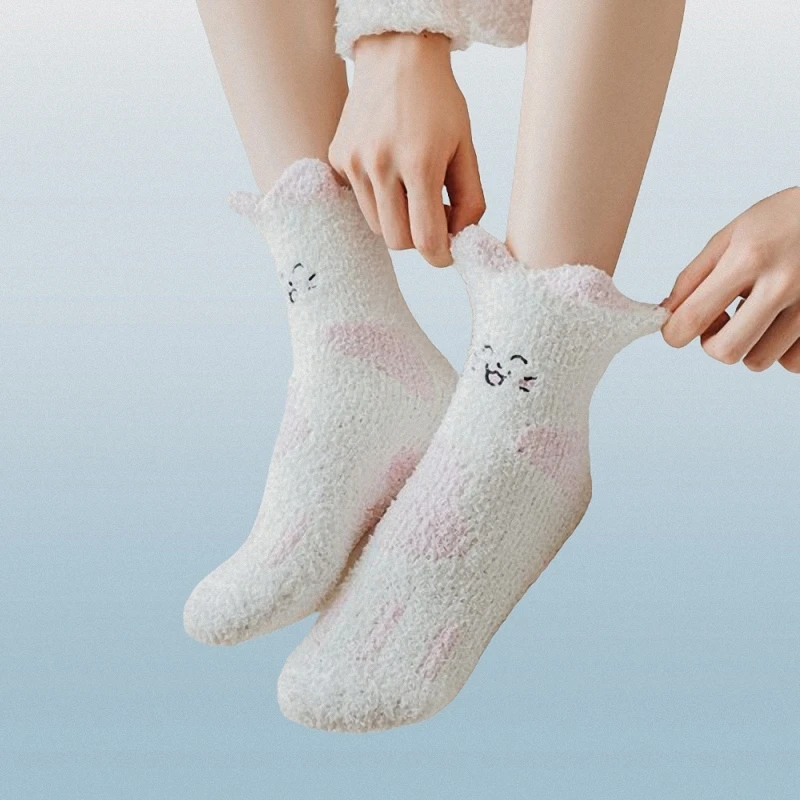 Calcetines de invierno de medio terciopelo para mujer, calcetines gruesos y cálidos de gato lindo, toalla de dormir transpirable, calcetines de confinamiento, 5/10 pares