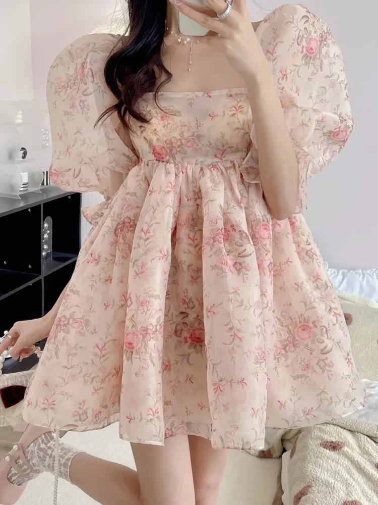 Vestido corto de fiesta Floral para mujer, traje de princesa francesa con manga de burbuja, estilo bohemio, elegante, a la moda, para vacaciones y playa, 2023