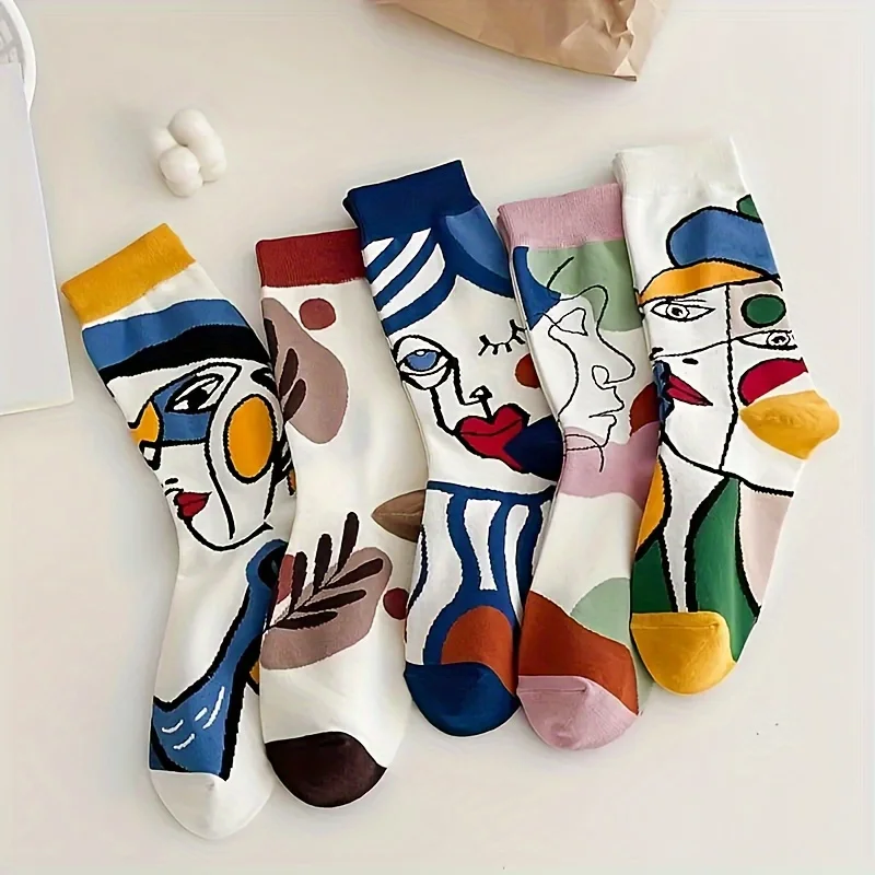 1pair/5pairs Abstract Print Mid-tube Socks, Comfortable Fashion Ladies' Trendy Graffiti Style Socks, Couples' Four Seasons Socks