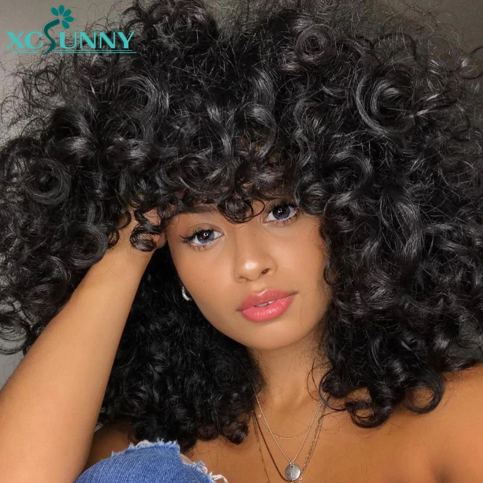 Bouncy Curly Human Hair Wig With Bangs Pixie Cut Bob Wigs Romance Curl Human Hair Wig Full Machine Made Scalp Top Wig For Women