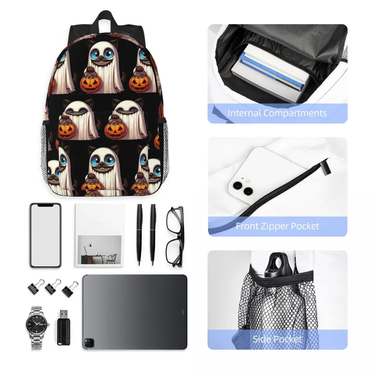 Siamese Cat Scary Halloween Ghost Spooky Pumpkin Candy Backpack Hot Sale Daypack Large Capacity BookBag Shoulder Bags School Bag