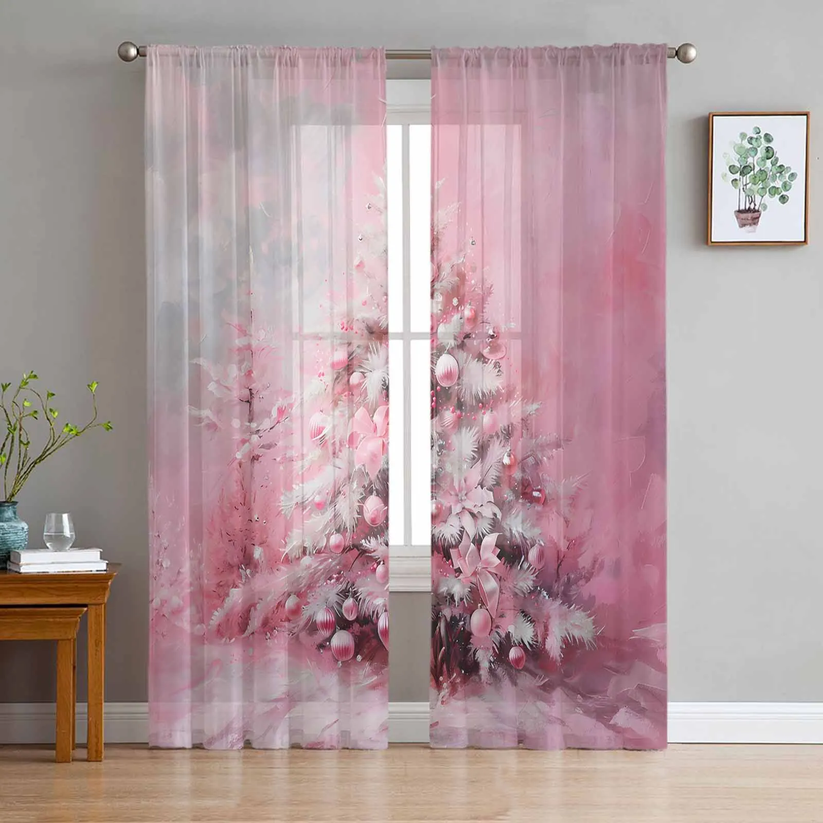 

Christmas Pink Painting Christmas Tree Retro Window Tulle Curtains for Living Room Kitchen Christmas Decor Sheer Voile Curtains