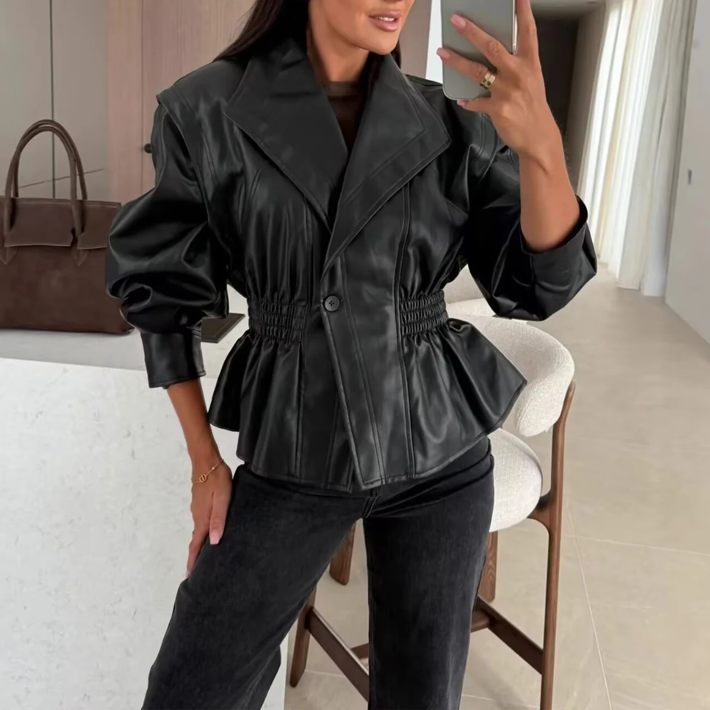 웨이드 인조 가죽 자켓 여성용 패션 2025 가을 투피스 슬레 아우터웨어 (케츠 포함) 출퇴근용 슬레 루즈핏 롱 슬...