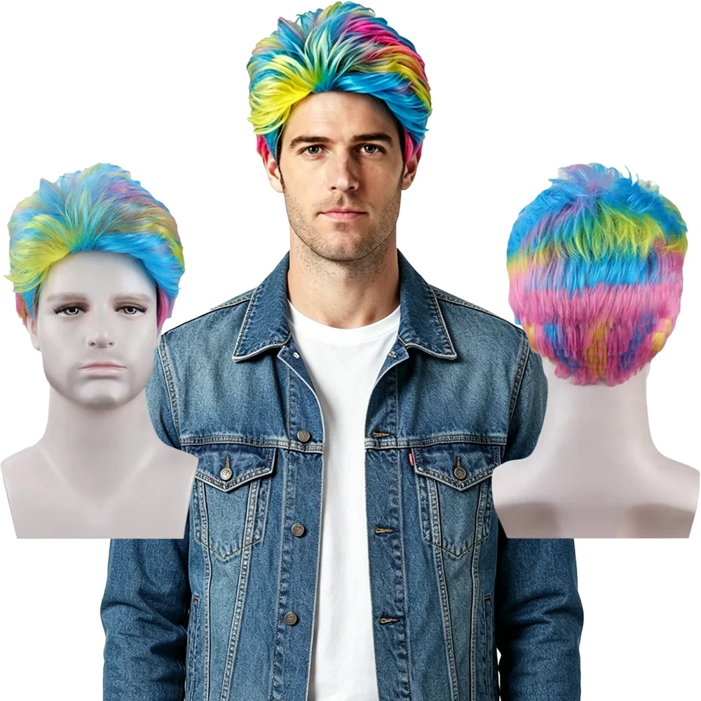 

Rainbow Short Wig For Men Fluffy Layered Heat Resistant Synthetic Colorful Cosplay Wig For Halloween Carnival Party Daily Use