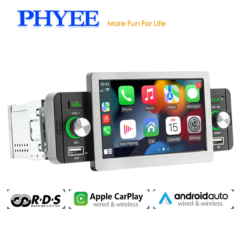 Wireless CarPlay Car Radio, Bluetooth MP5 Player, Android Auto, Handsfree, USB, RDS FM, 5\