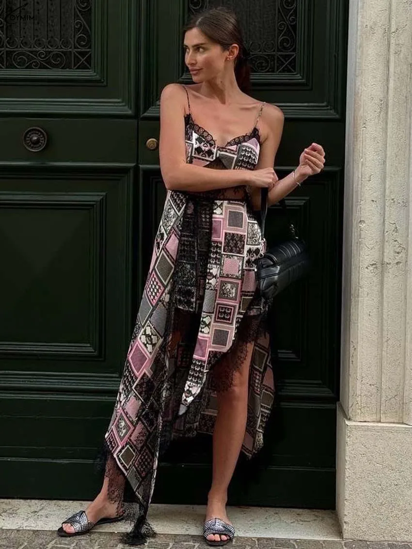 

Oymimi Fashion Pink Print Women's Dress Elegant Spaghetti Strap Lace High Waist Dresses Autumn New Asymmetrical Mid-Calf Dresses