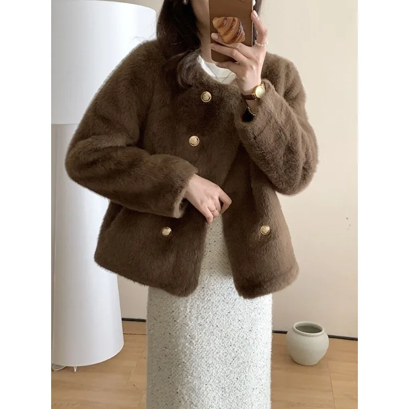 Women Anti-season Round Neck Small Fragrant Wind  Mink Plush Coat  Short Simple Fashion Thickened Faux Fur Coat Young Models