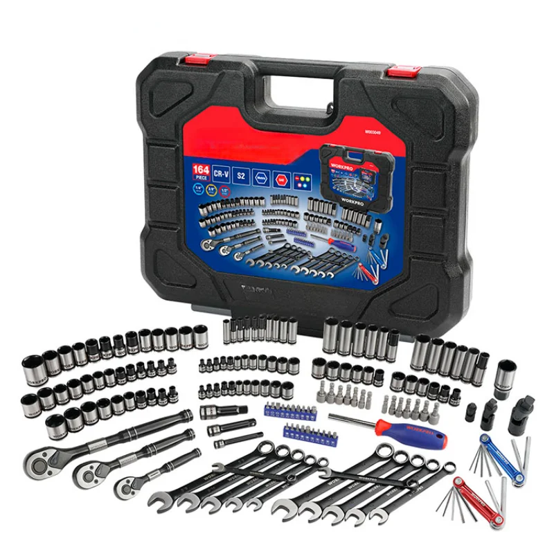 

164 PC Mechanic Tool Box Set 1/4" 3/8" 1/2" Dr. CR-V Spanner Socket Set Auto Repair Hand Tool Kit