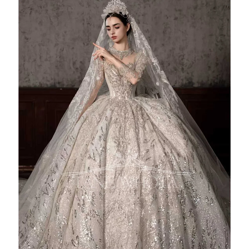 

Women's Luxury Wedding Dress With High Long Sleeves Sequined Beading Ball Gown Customized Bridal Gown For Special Occasions