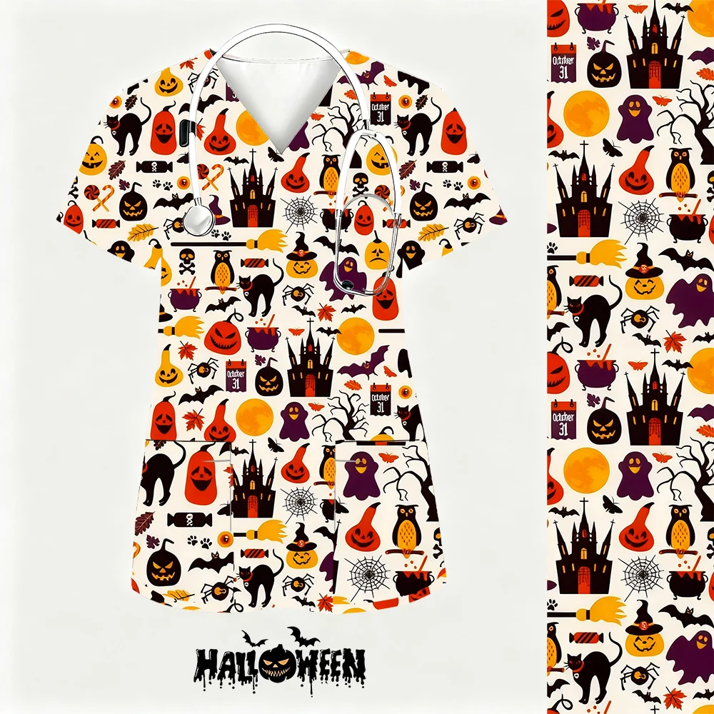 ﻿   2025 novas mulheres de halloween uniformes de enfermagem esfrega clínica enfermeira médico à prova de poeira workwear médico esfrega topo ﻿