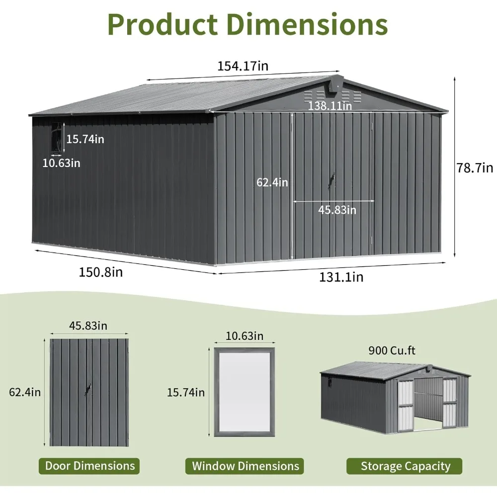 سقيفة تخزين خارجية كبيرة مقاس 11 × 12.5 قدم. سقيفة تخزين في الفناء الخلفي مع نوافذ، أبواب قابلة للقفل، فتحة تهوية، سقيفة أدوات الحديقة، فولاذ أيضًا