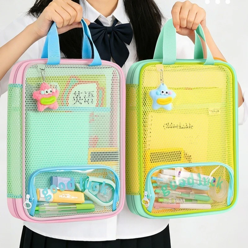 3-layer 180 ° Large Opening Tote Bag, Dopamine Color Blocked File Bag, and Complimentary Random Cartoon Stickers