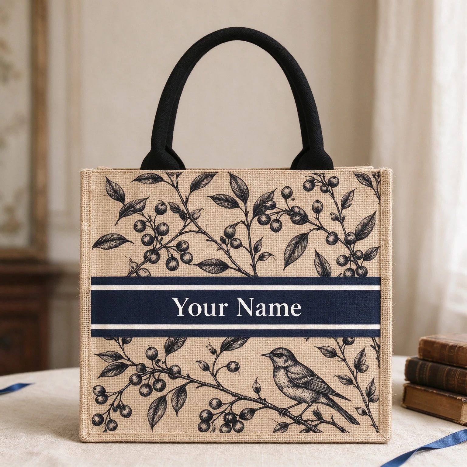Vintage Branch Berry Bird Jute Tote Bag, Custom Name Burlap Handbag, Reusable Shopping Bag for Daily Commute Gift