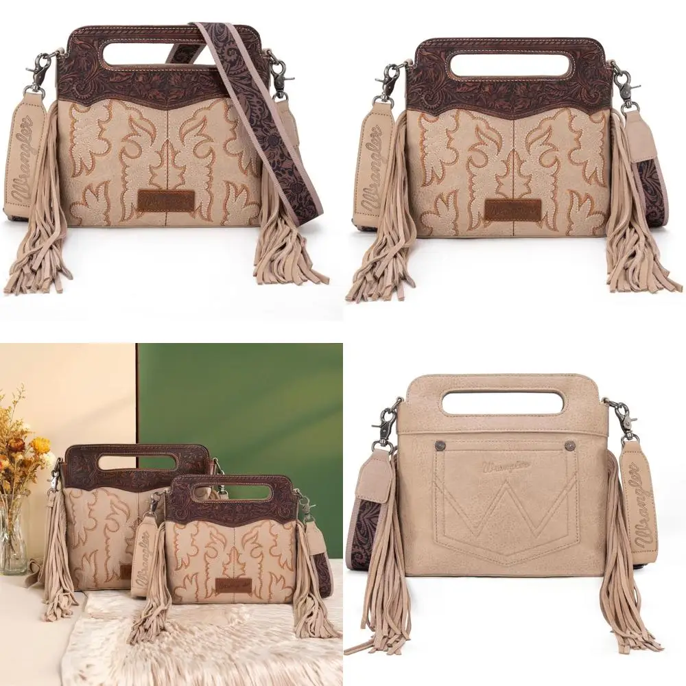 

Women's Western Embroidered Crossbody Bag with Fringe, Top Handle, and Boot Scroll Design